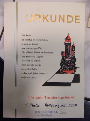 Siegerurkunde Mario Janik Aktivschachmeisterschaft 1990, signiert von Werner Windmüller