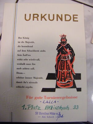 Siegerurkunde Mario Janik Aktivschachmeisterschaft 1993, signiert von Werner Windmüller